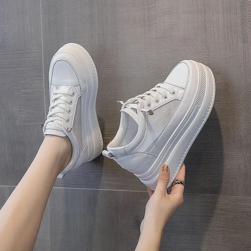 Women Breathable Sneakers Increased Platform Shoes 8cm Casual Footwear Leisure Leather White Shoes  Women's Vulcanize Shoes