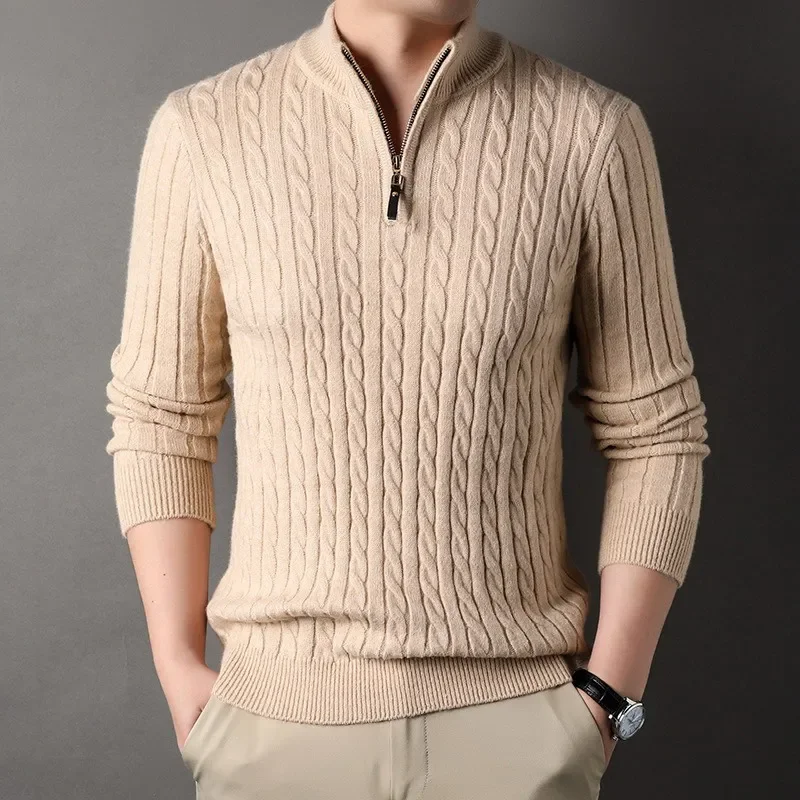 Suéter de mezcla de cachemira para hombre, jersey con cuello redondo de Jacquard de doble capa grueso con cuello medio alto y cremallera, parte inferior de punto ligera de lujo