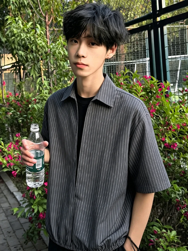 

Deep Grey Stripe Short Sleeve Men's Shirt Summer High-End Feel Flip Collar T-Shirt Korean Style Half Sleeve Shirt Casual Loos...