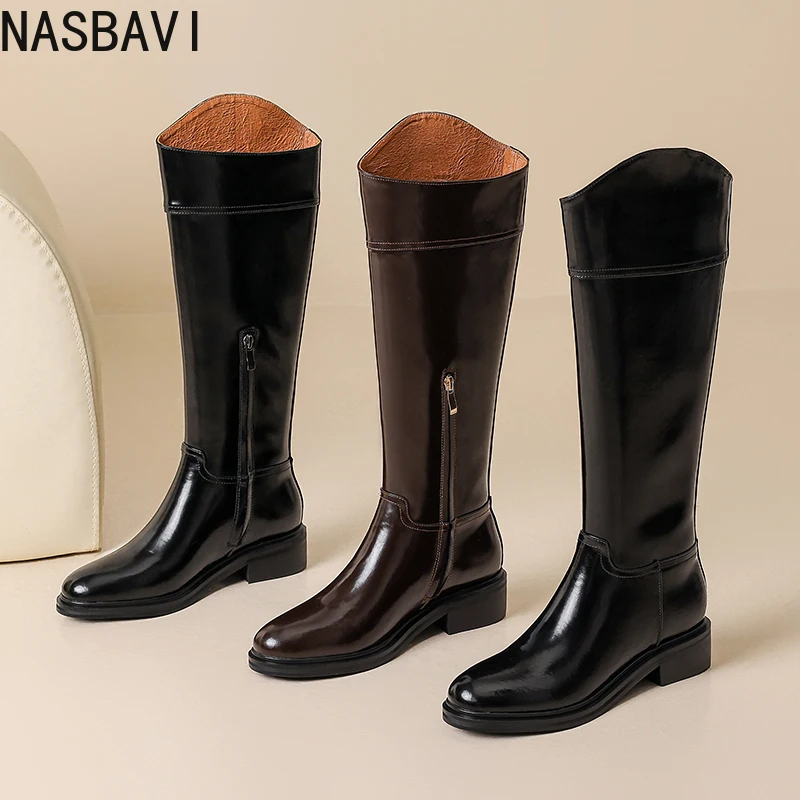 NASBAVI 2026 الشتاء النساء حذاء برقبة للركبة موضة جولة تو أحذية امرأة منتصف الكعب جلد البقر دراجة نارية أحذية طويلة أسود 34-43 #1