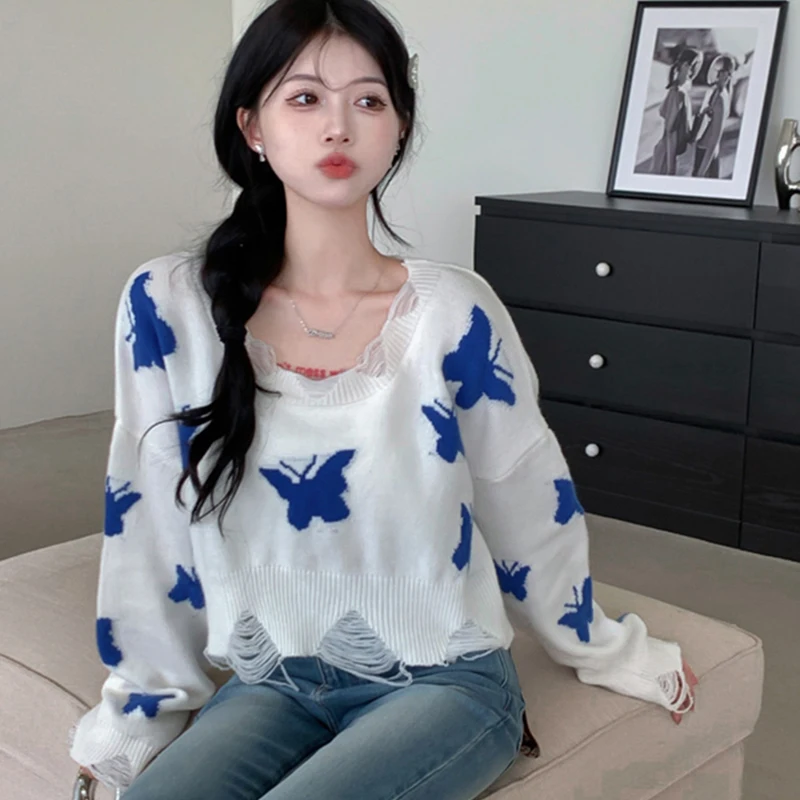 Korean Butterfly Women Sweaters Autumn Knitted Sweet Female Jumpers Harajuku Ripped New Loose Casual Ladies Crop Pullovers