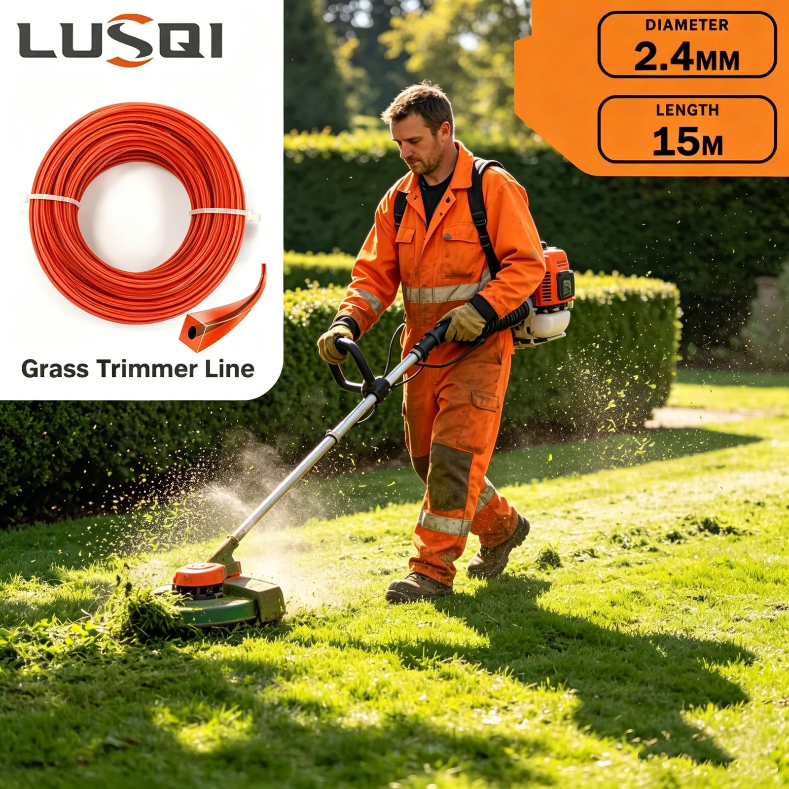 

LUSQI 15m 2.4mm Square Nylon Trimmer Line Sandwich Enhanced Grass Rope for Brush Cutter Lawn Mower Head Parts