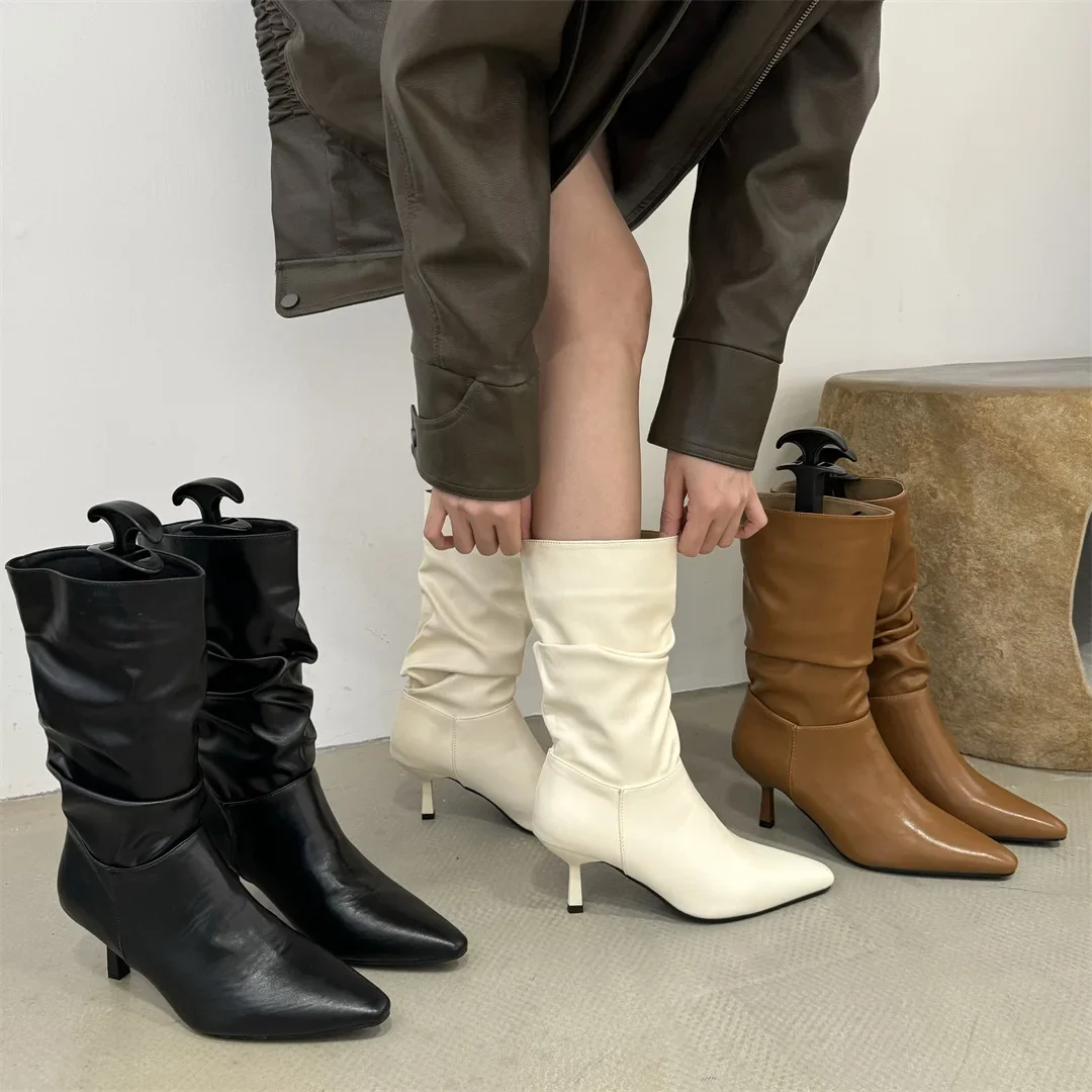 

Pointed Toe Pleated Stiletto Mid-Calf Boots Sleeve Short Plush Dark Green Microfiber Women's Boots New Short Boots