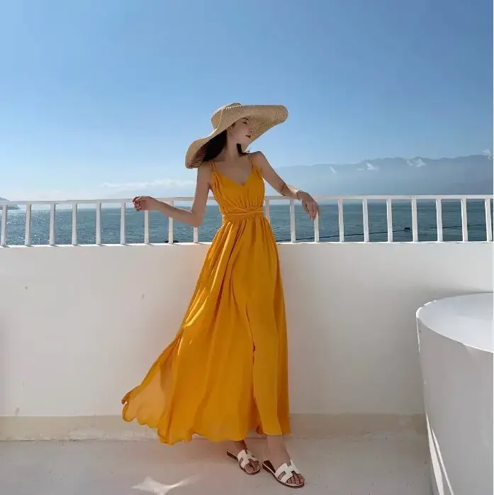 New Summer Beach Dress  Women Super Fairy Yellow Backless Dress Flowing Long Skirt Island Resort Wear