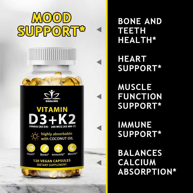 Vitamin D3 K2 Capsules Daily Supplement Natural Coconut Oil  Healthy Immune System Heart and Bones Vegetarian Supplements