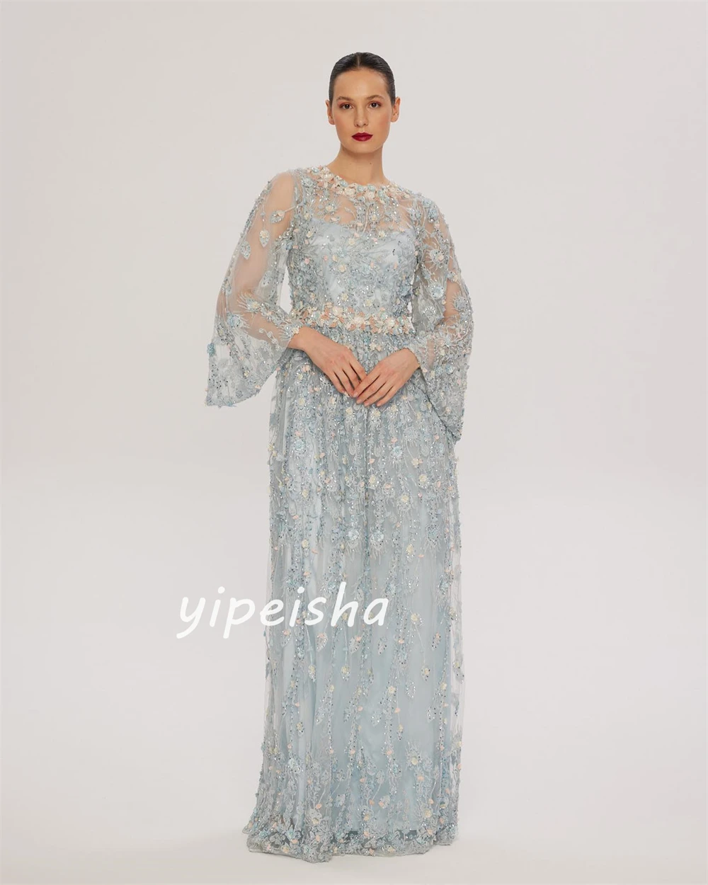 Lace Sequined Flower Beading Ruched Birthday A-line High Collar Bespoke Occasion Gown Long Dresses