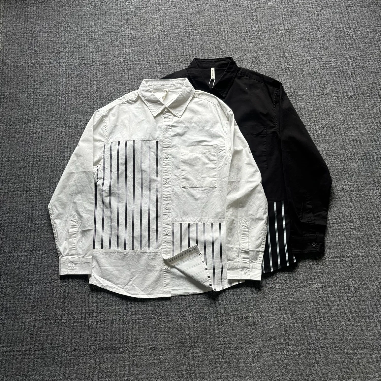 

New spring and autumn men's patchwork loose long-sleeved shirt casual striped lapel shirt