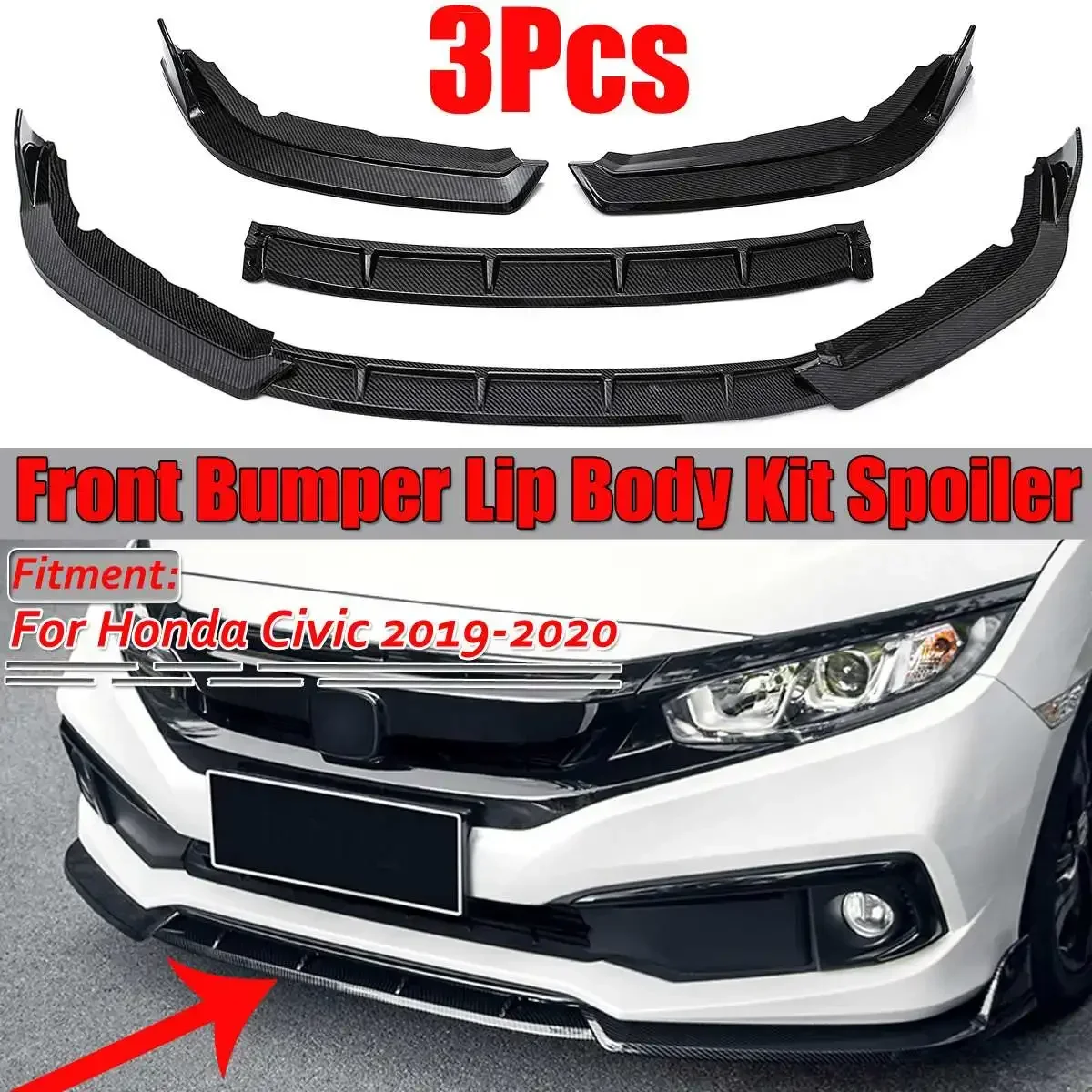 3PCS Car Front Bumper Splitter Lip Splitters Diffuser Lip Body Kit Protector Spoiler Cover Trim For Honda For Civic 2019-2020