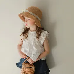 Summer Girls T-shirt Korea Childrens Clothing Girls Hollowing Out Edge Flying Sleeve Causal Versatile 2024 Fashion Sweet