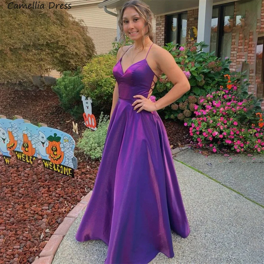 Simple Backless Purple A Line Formal Evening Dresses 2023 Satin Long Prom Dress Sexy V Neck Party Gown Robe De Soirée فستان سهرة