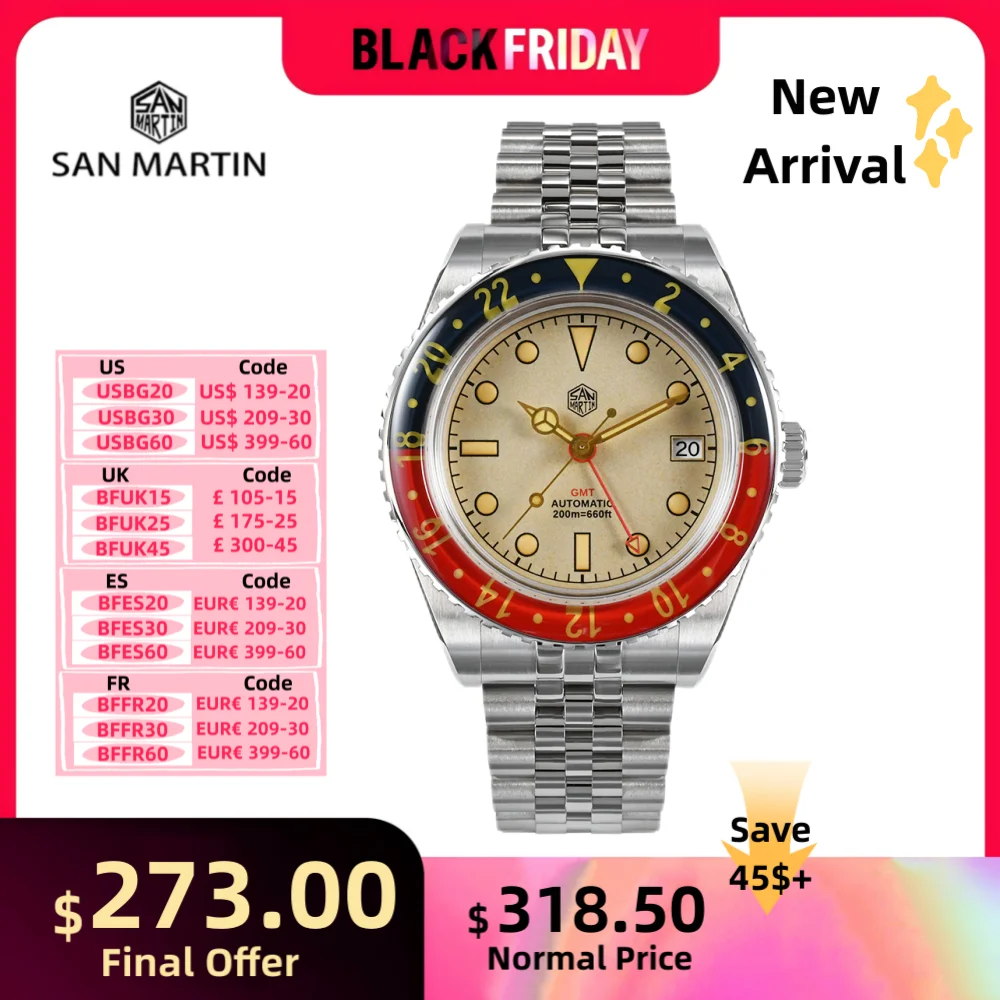 San Martin 40mm NH34 GMT Watches For Men Wrist Mechanical Vintage Luxury 20Bar Diving Sports C3 Luminous Reloj Hombre SN0005B-3