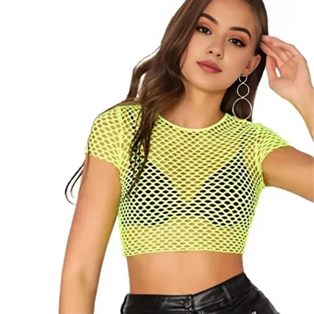 Sexy Sheer Mesh Women Blouse Crop Tops Short Sleeve Slim Solid Color Perspective Short Top Navel Exposed Tee Shirt Blouse