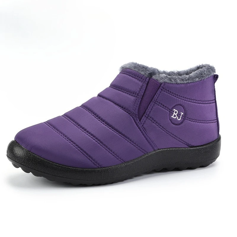 Women Ankle Snow Boots Warm Plush Fleece Lining Slip‑on Fabric Upper Non‑Slip Flat Sole Winter Cold‑Weather Casual Shoes