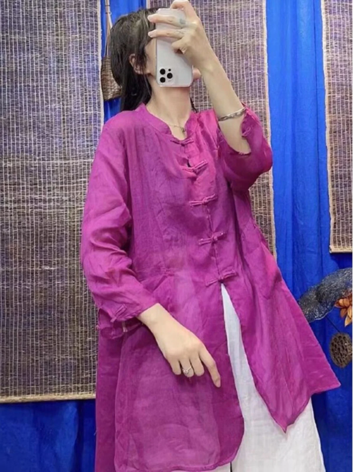 New Chinese Sle Cotton Linen irt Women Summer Mid-Length Retro Zen Button-Up Tea Costume Linen Open Cardigan Top