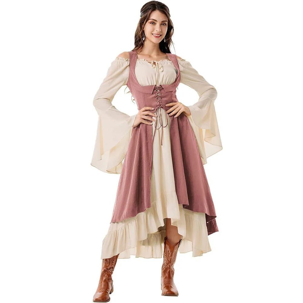 ملابس عصر النهضة النسائية، محيط الصدر، مزارع القراصنة، فستان عالي منخفض مع فم، طقم مكون من قطعتين