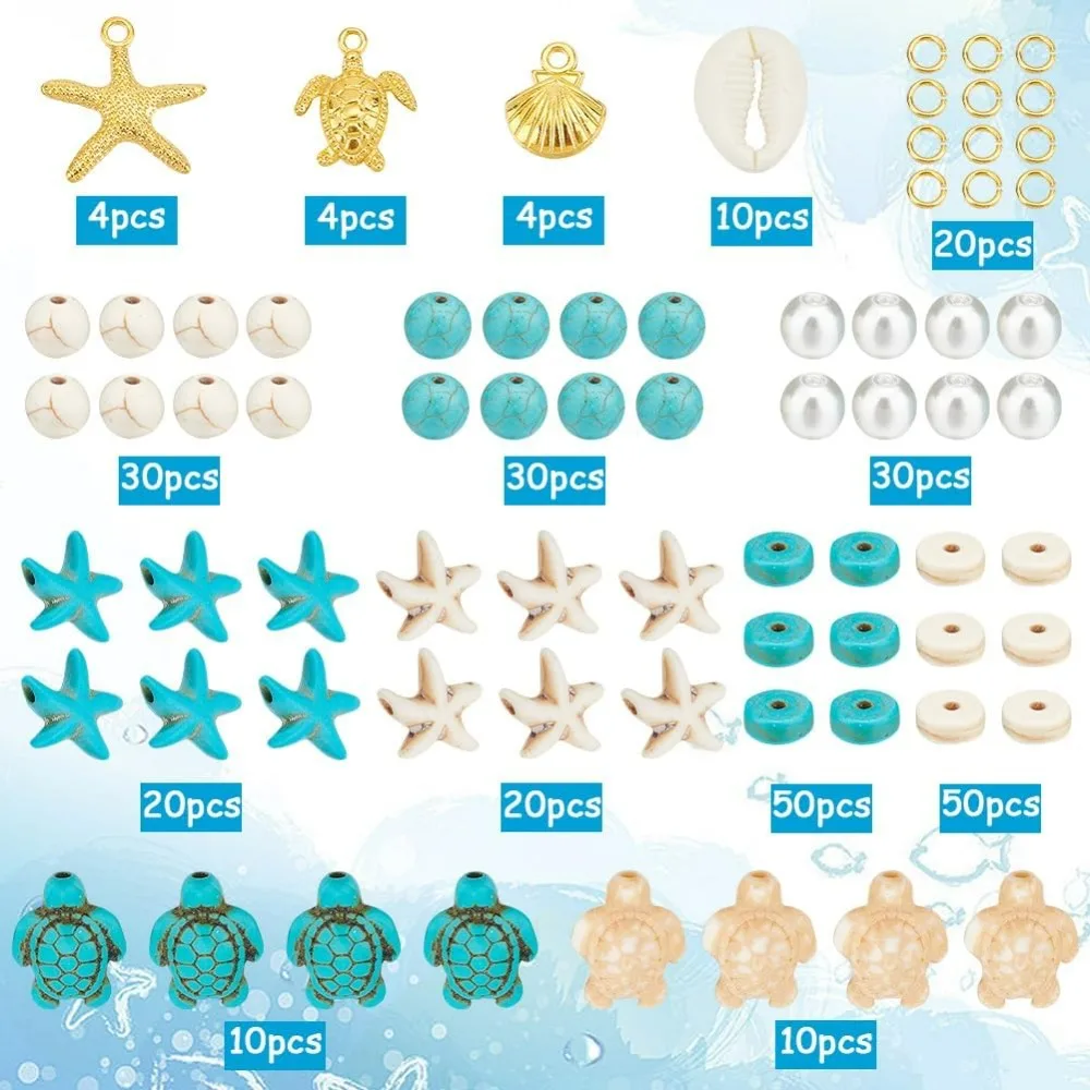 292Pcs Sea Turtle Beads Seashell Starfish Beads Lucky Turquoise Ocean Summer Hawaii Sea Animal Shell making kit