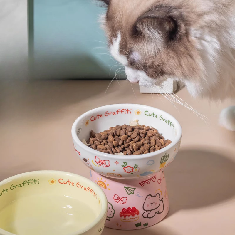 

Creative Ceramic Drinking Water Food Tall footed Bowl Anti Overturning Neck Protection Large caliber, Cat Bowl Pet Supplies, 1Pc