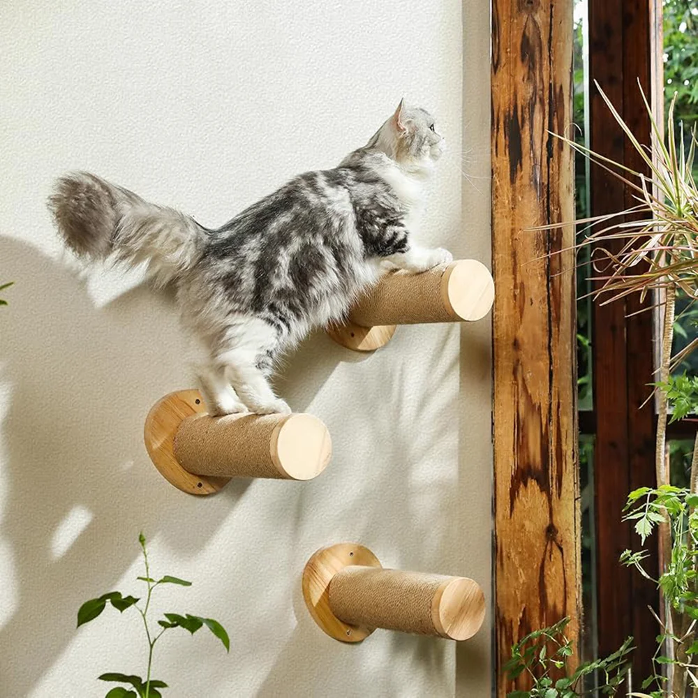 3er-Pack Massivholz-Katzenwandmöbel mit Jute-Kratzstamm und Katzen-Wandsprungplattform, geeignet für Katzen zum Klettern und Spielen