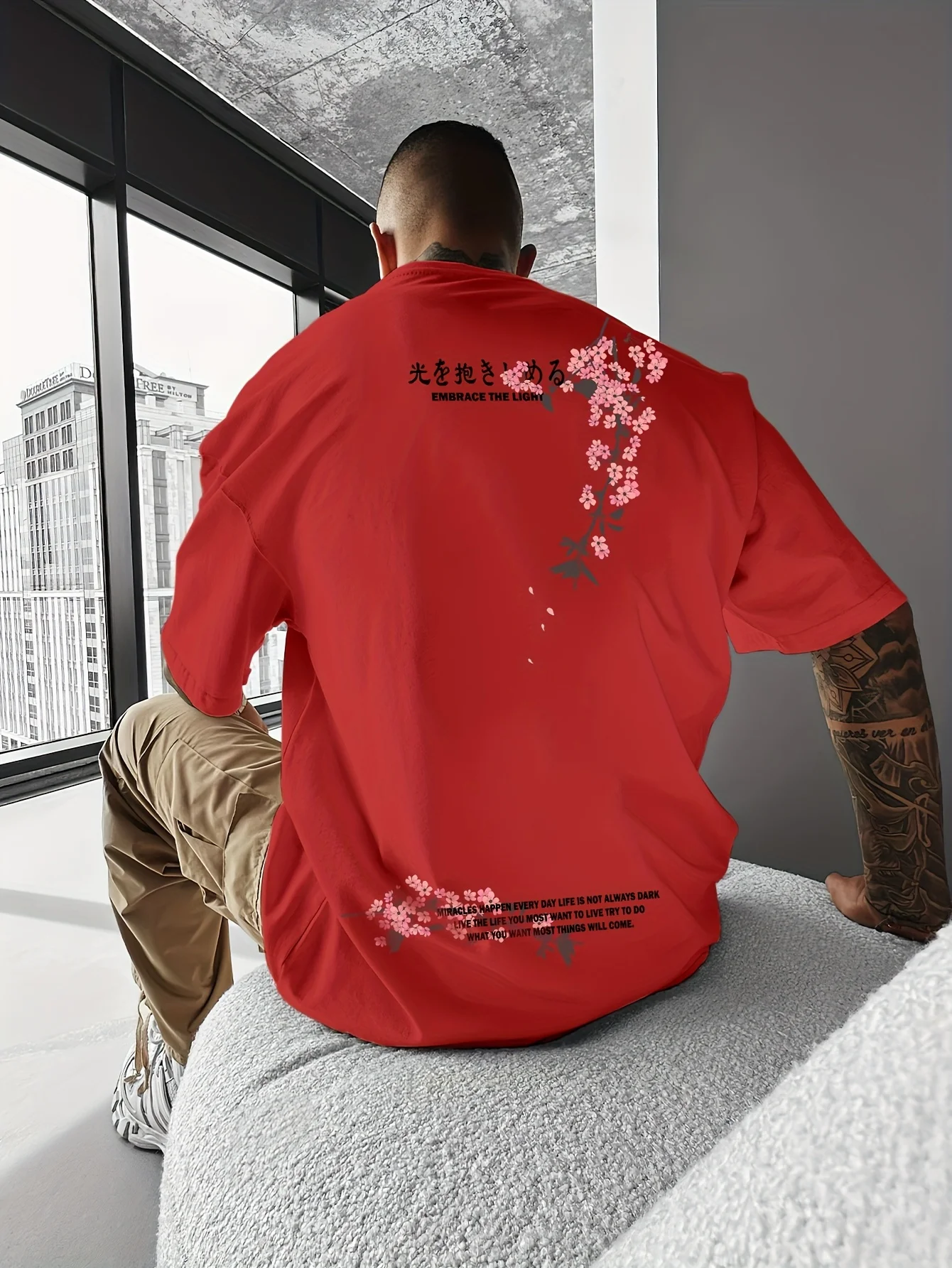 Japanese Cherry Blossom Kanji Print 100% Cotton Men Woment T-shirt Summer Autumn Daily Outdoor Sports Casual Street Short Sleeve