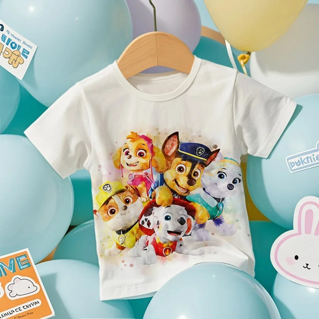Cartoon PAW Patrol Kids Short Sleeve T-shirt Work Hard Letter Print Boys Girls Casual Black Tops