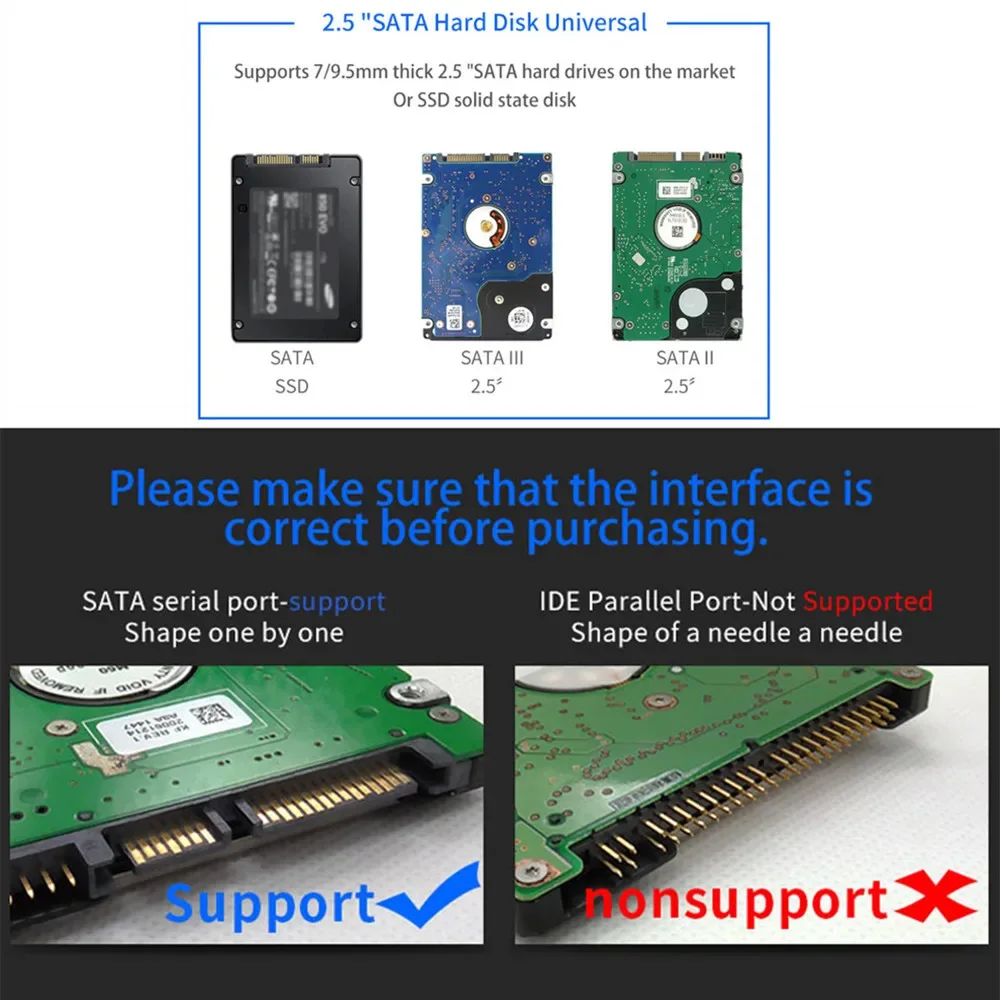 외장 하드 드라이브 인클로저, 노트북 PC용 SATA to USB 3.0 하드 디스크 케이스, 4TB, 7mm 9.5mm SATA SSD HDD 박스 지원, 2.5 인치