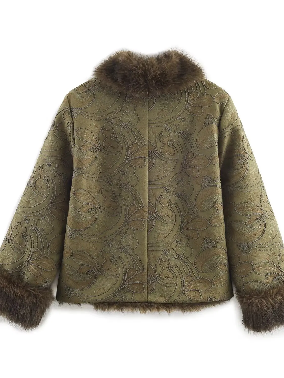 Women's Embroidered Faux Fur Collar Short Coat Jacket with Fleece Inner Long Sleeve Loose Fit Spring Season Fashion