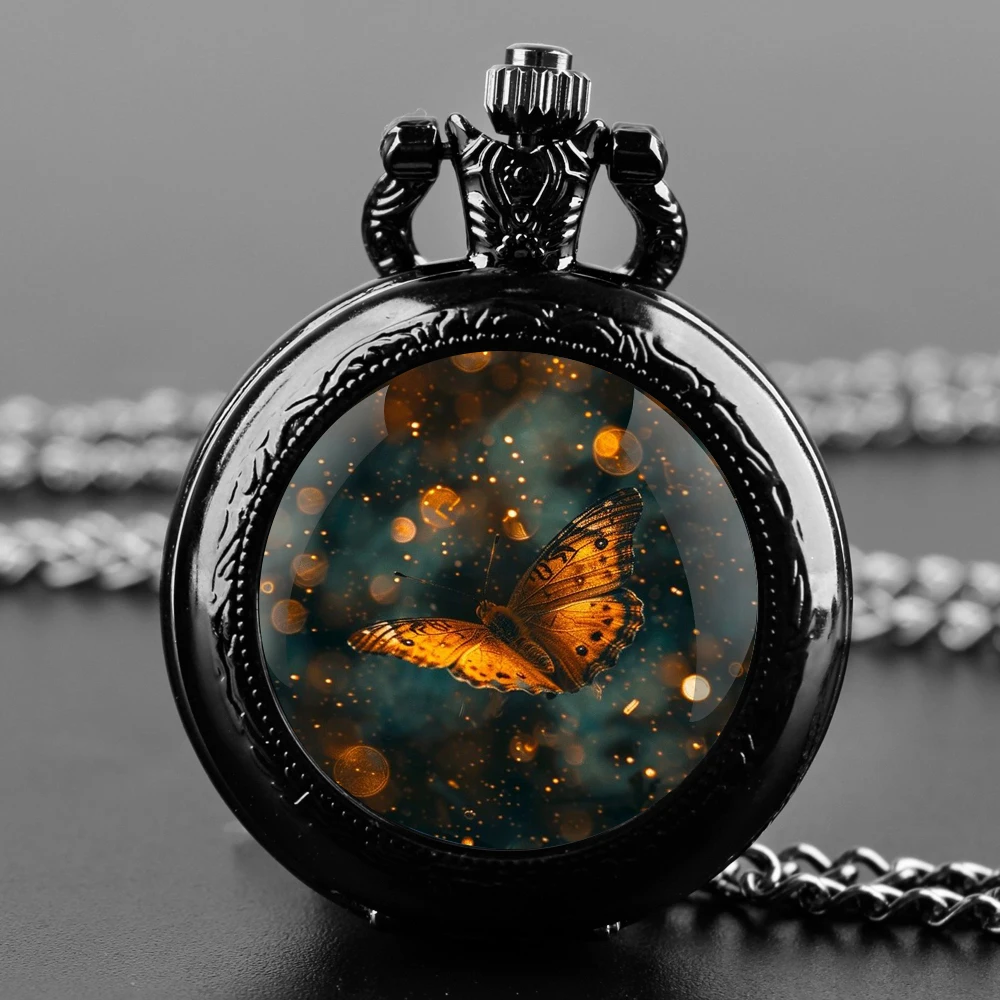 Montre de Poche à Quartz en Verre au Design Papillon, Horloge Vintage avec Numérisation Arabe, Pendentif Collier, Cadeau Idéal pour Homme et Femme