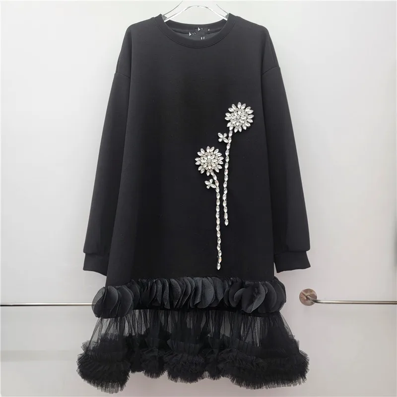 

Черный длинный пуловер с круглым вырезом для женщин, осень-зима 2025 года, новый свободный дизайнерский топ с бисером, лоскутные толстовки с сетчатым подолом