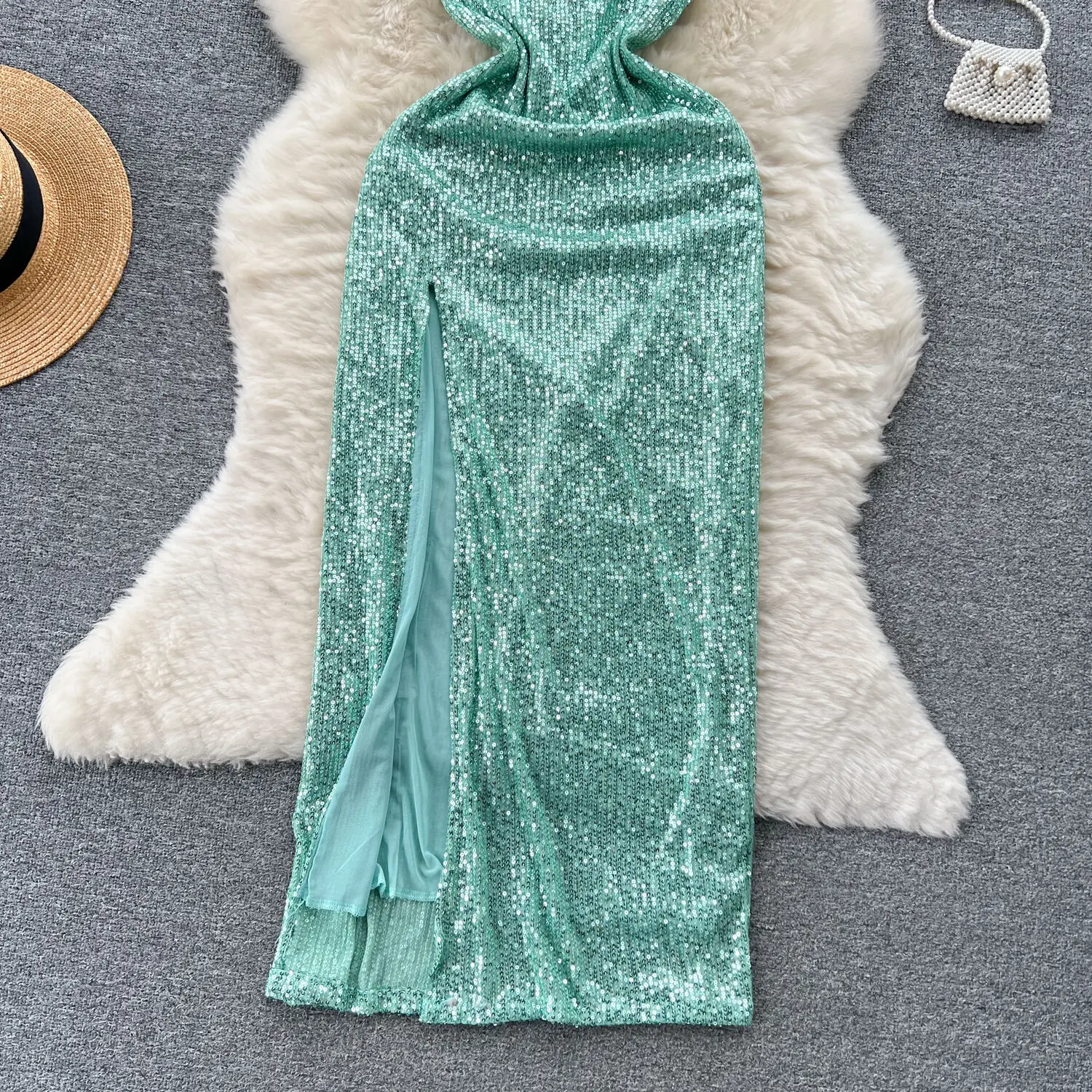 Foamlina-Robe de Soirée Longue à Paillettes pour Femme, Tenue Sexy à Bretelles Spaghetti, Dos aux, Slim, Haute Fente, Vert