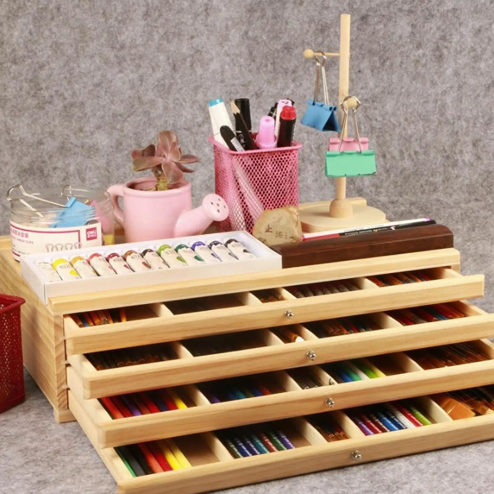 Wood Artist Supply Storage Box Organizer with Five Drawers Sturdy Trendy Art Storage Box Case for Pens Pencils
