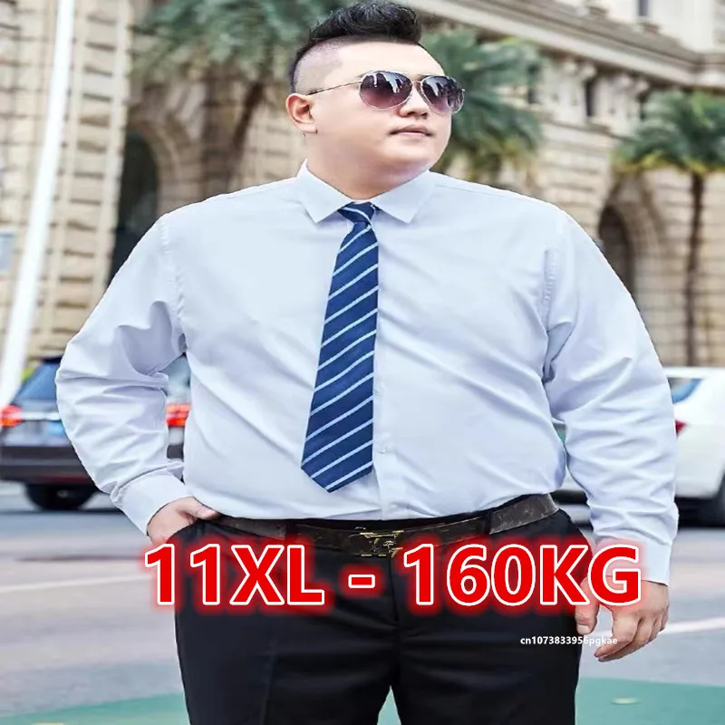 Autumn Spring Men Shirt Long Sleeve Plus Size 11XL-160KG Formal Office Loose Oversize Business Social Clothing Solid Blue