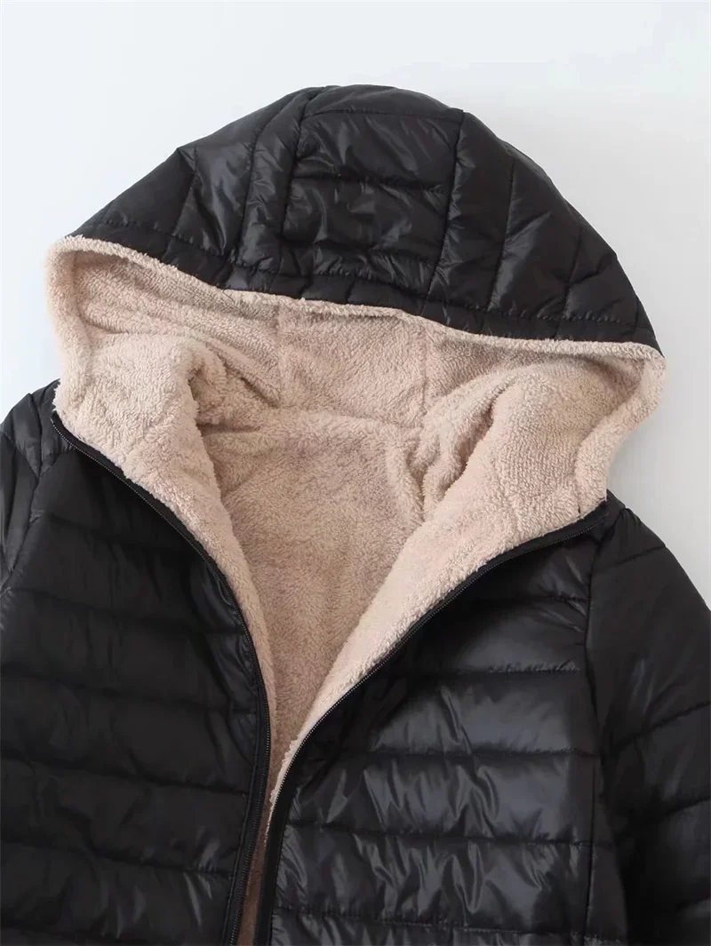 2024 Winter Mid-Length Hooded Cotton Jacket Women Autumn Lightweight Plush Lining Solid Ladies Parka Loose Female Zipper Outwear