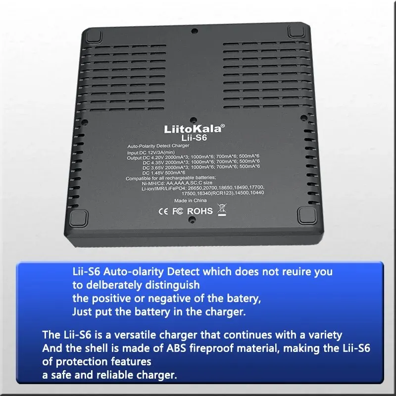 LiitoKala Lii-S6 3.2V 3.7V 18650 inteligentna ładowarka 6-gniazdo automatyczne wykrywanie polaryzacji 26650 21700 18500 14500 20700 bateria AA AAA