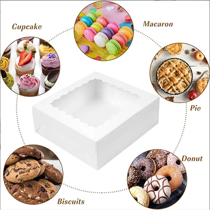 Ensemble de plusieurs boîtes avec boîte à biscuits à fenêtre, boîte à desserts blanche, boîte à pâtisseries, idéale pour les donuts, les biscuits et les tartes aux œufs.
