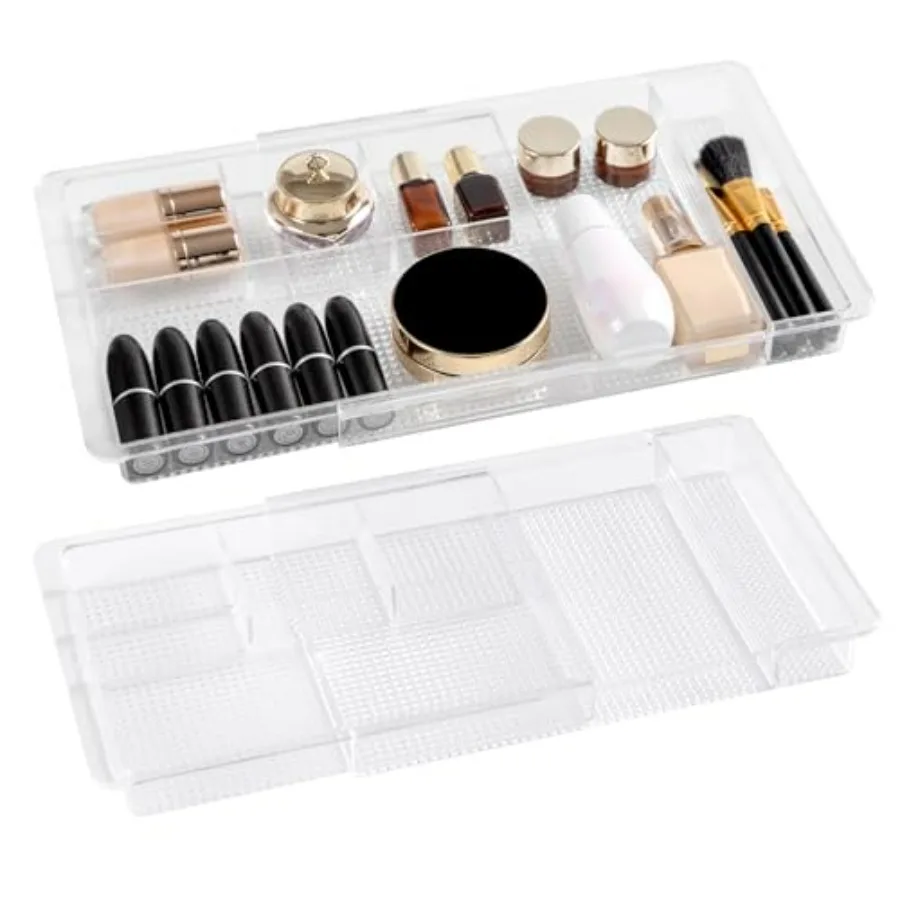 

Expandable Drawer Organizer 11.1" to 19.2" Width, Shallow Cosmetic Organizer 1.3" Height, 2 Packs, Clear Plastic Storage Trays