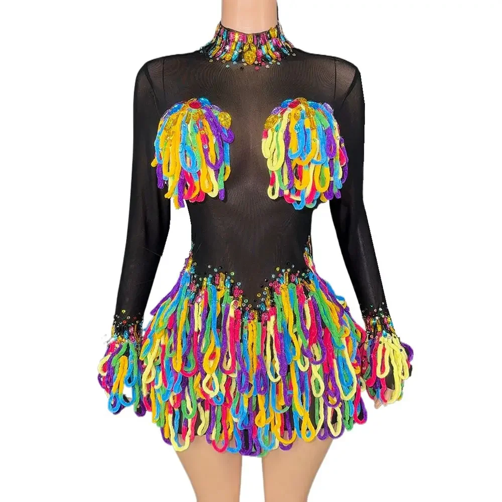 

Women Sexy Mesh See Through Performance Dance Costume Dancer Stage Wear Sparkly Rhinestones Colourful Tassels Bodysuit