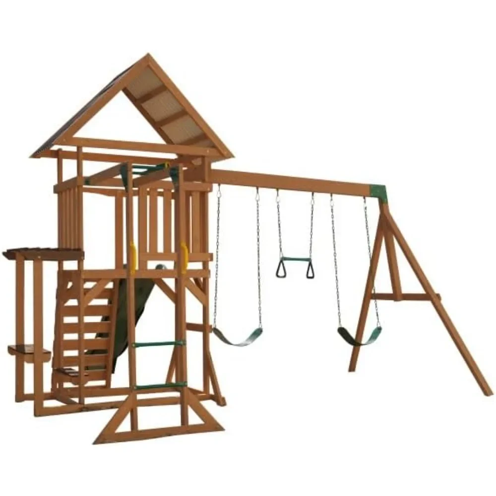 LawnMeadow Wooden Swing Set/Playset with Swings, Slide, Sandbox, Telescope Rock Wall and Monkey Bars