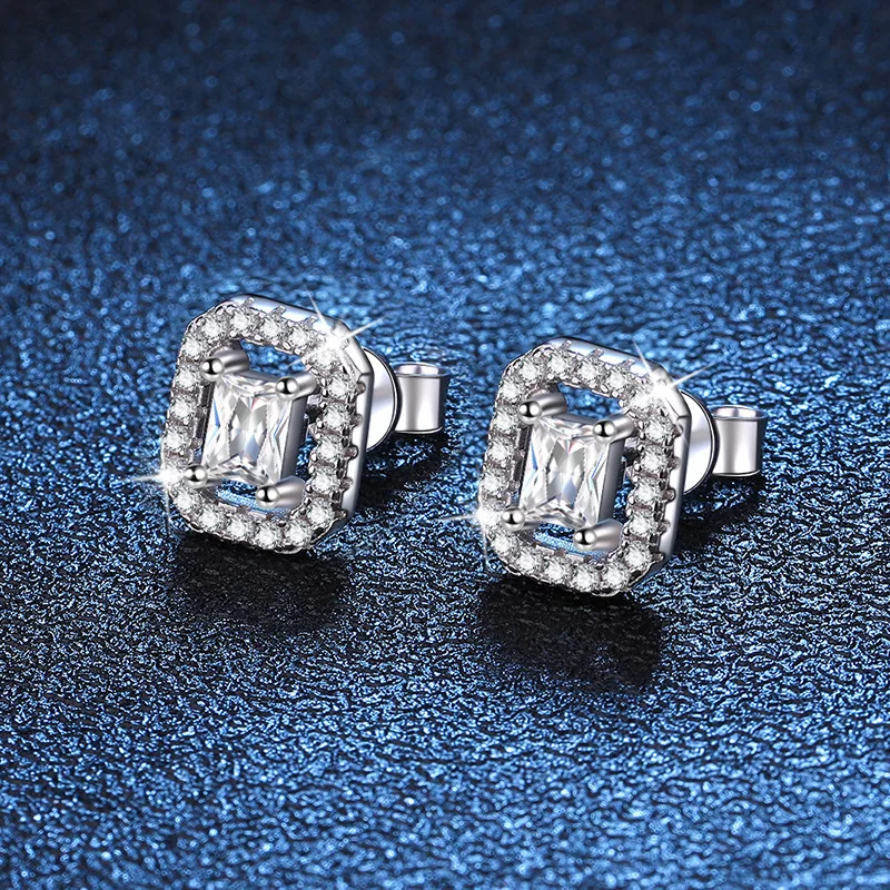 Moissanite s925 sterling silver earrings high-end full diamond rectangular platinum-plated earrings 50 minutes D color