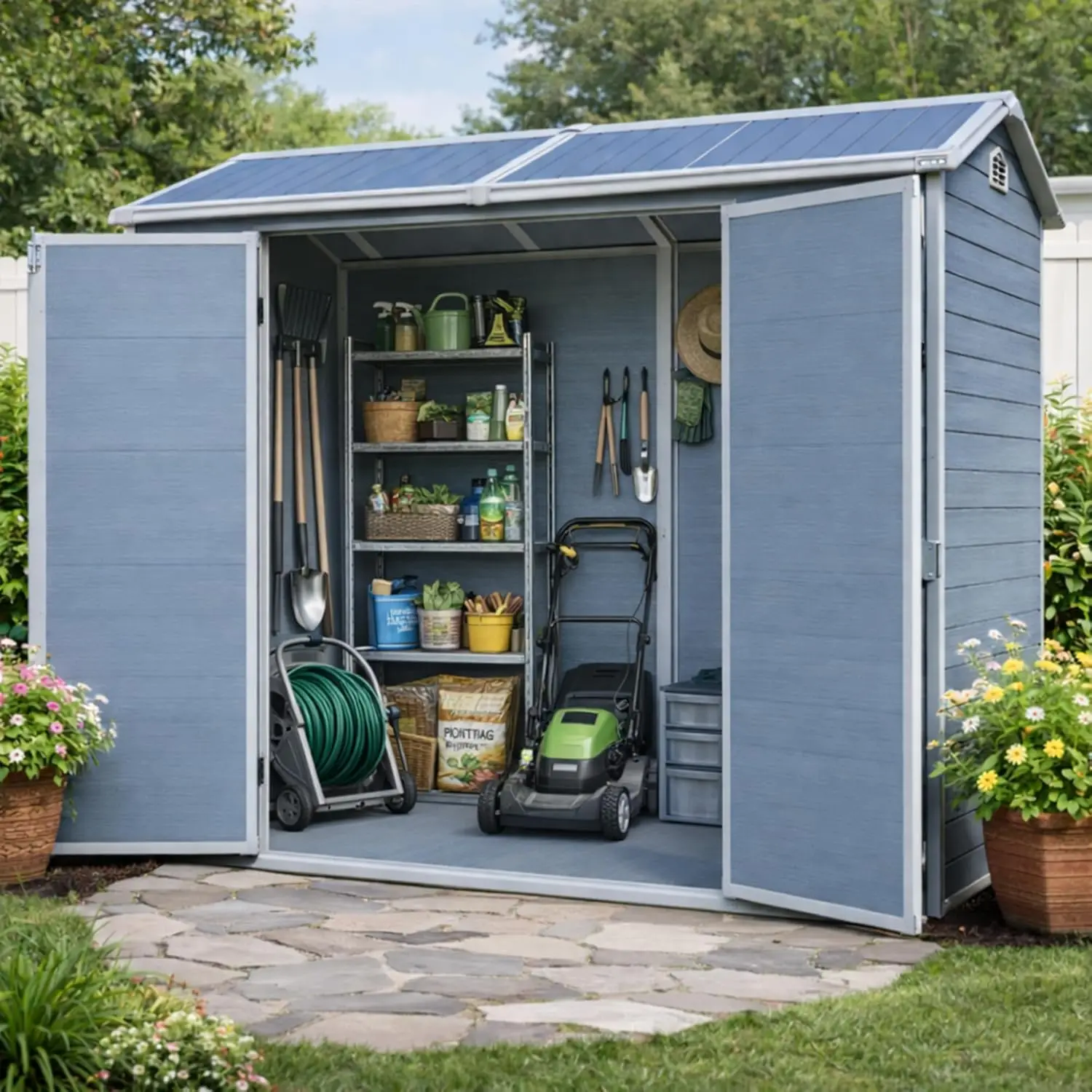 

8x4ft Outdoor Resin Storage Shed Lockable Plastic Double Doors Windows Waterproof UV Bike Lawn Equipment Customized