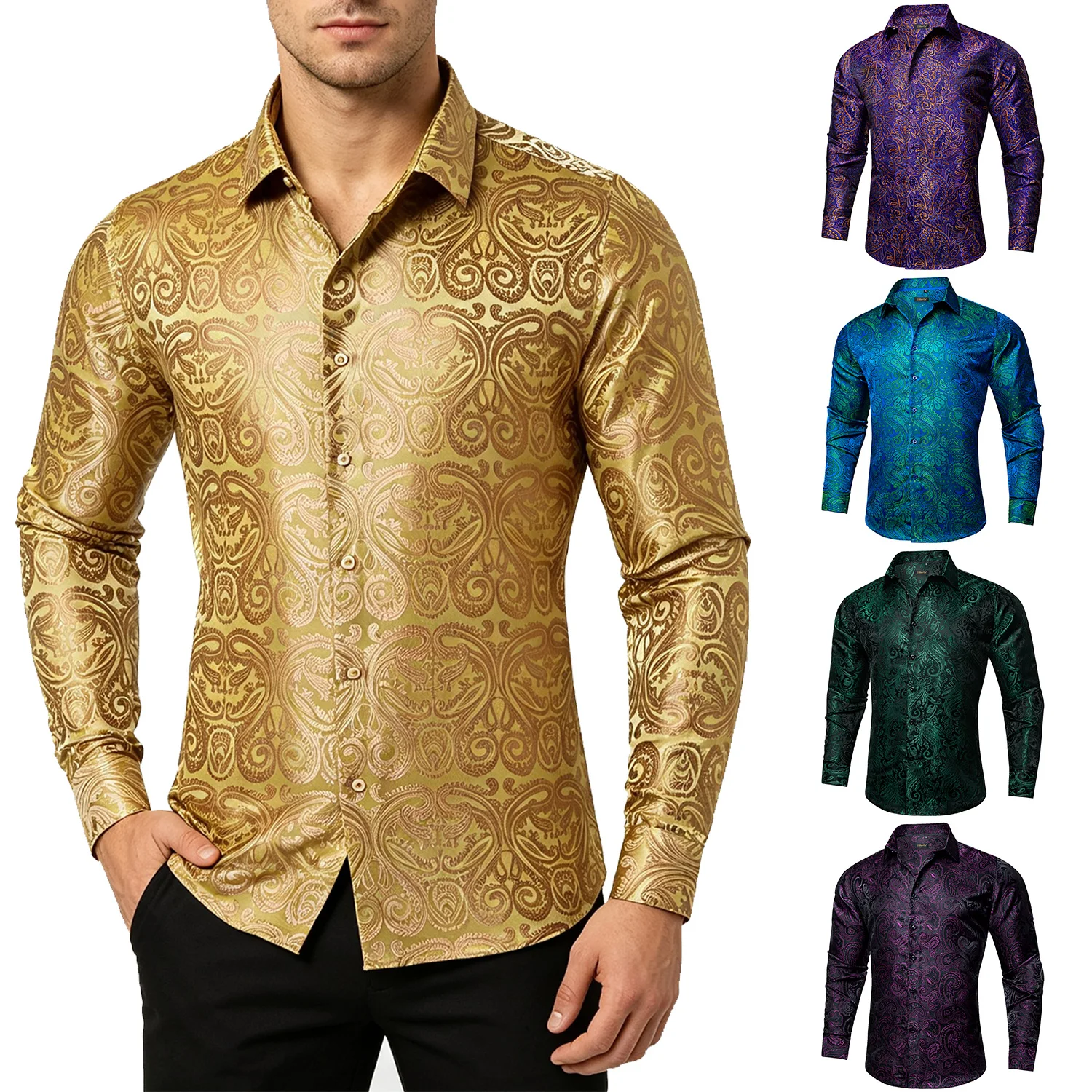 Paisley Pattern Dress Shirt for Men, Gold Long Sleeve Slim Fit Button Down Top, Floral Print Wedding Banquet