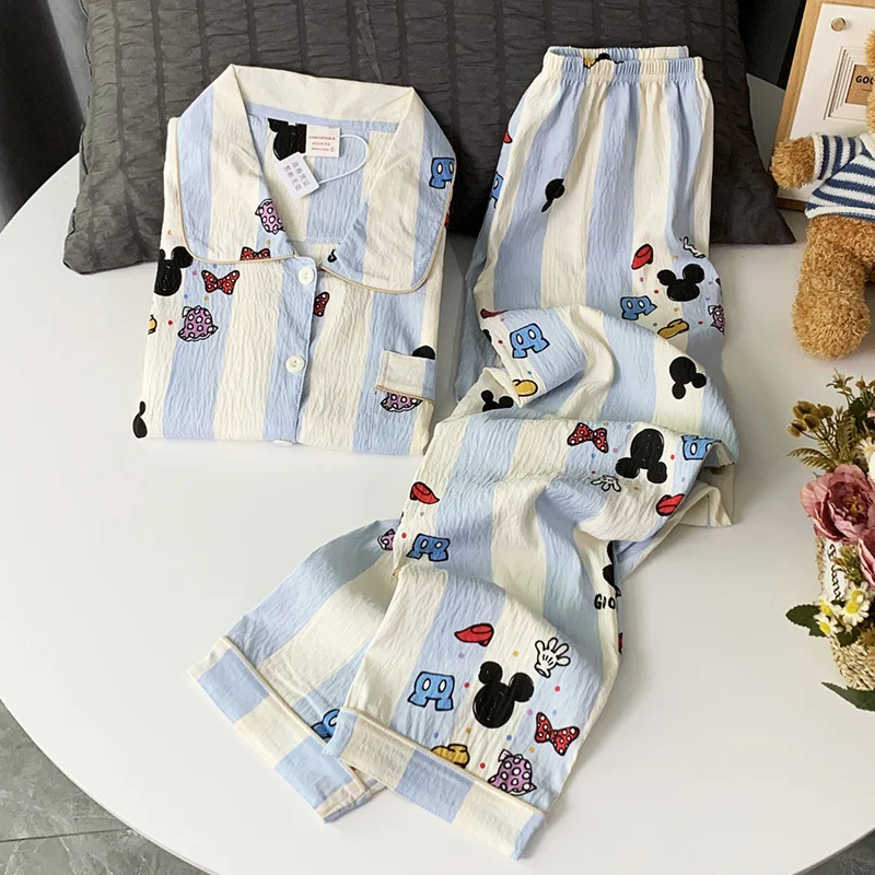 Disney Mickey autumn new cartoon cute blue striped printed pajamas female animation long-sleeved trousers loungewear set