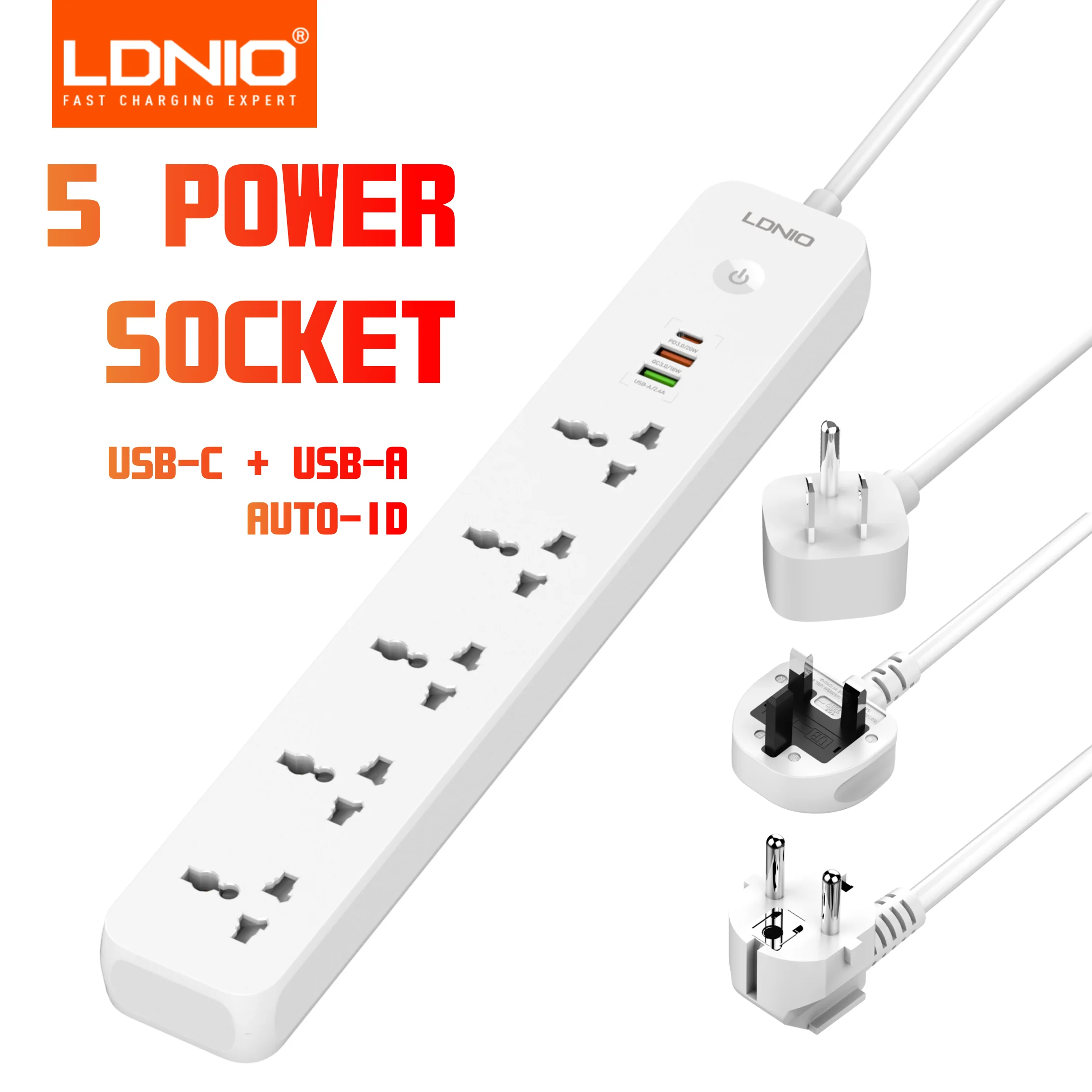 LDNIO 5 Outlet Power Strip With 3 USB Ports USB C USB A Universal Socket Extension UK EU US Plug Multifunction Power Strips