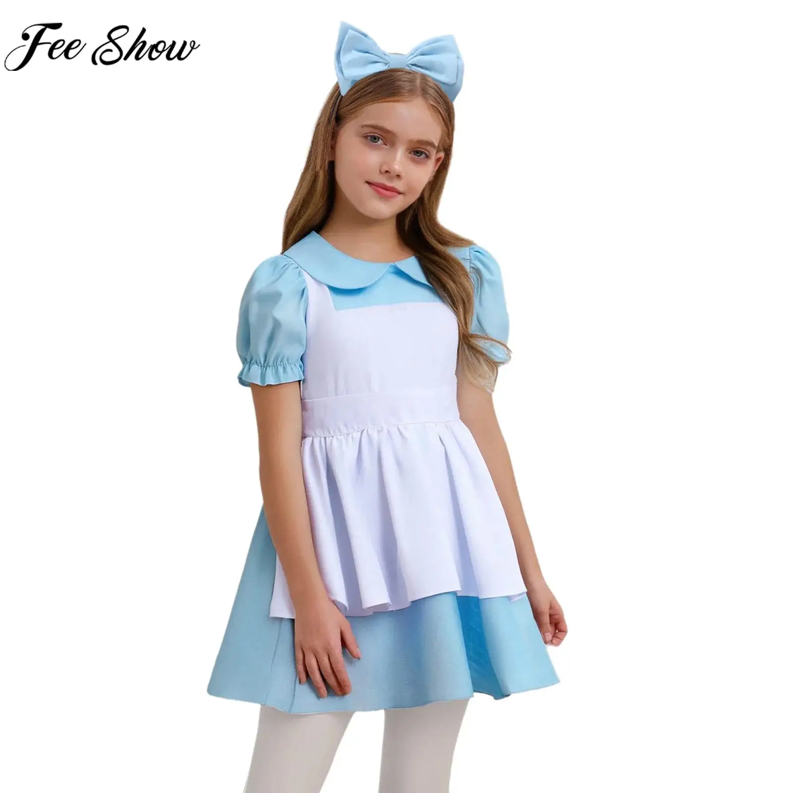 Disfraz de Halloween para niñas, disfraz de cuento de hadas del país de las Maravillas, vestido de manga corta con volantes y delantal, Aro para el pelo, ropa de sirvienta Pastoral
