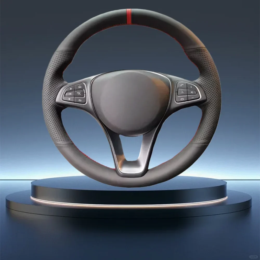 غطاء عجلة قيادة السيارة باللون الأسود مخيط يدويًا لسيارة Mercedes Benz C200L E63 E300 E320 GLK GLC260 GLA ملحقات السيارات الداخلية #1