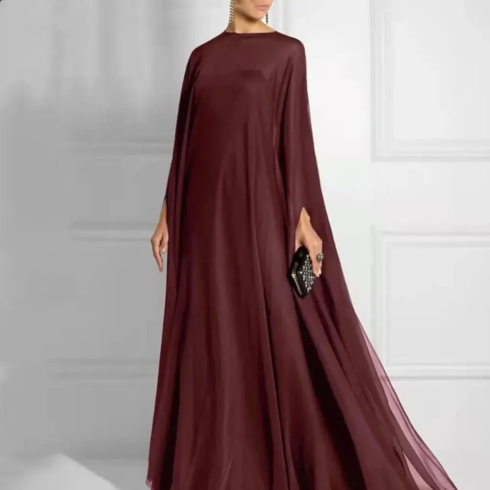 MOBEYE 2024 Empire Long Sleeve Mother of the Bride/Groom Gown Boat Neck Chiffon Wedding Guest Formal Pleated Evening Gown