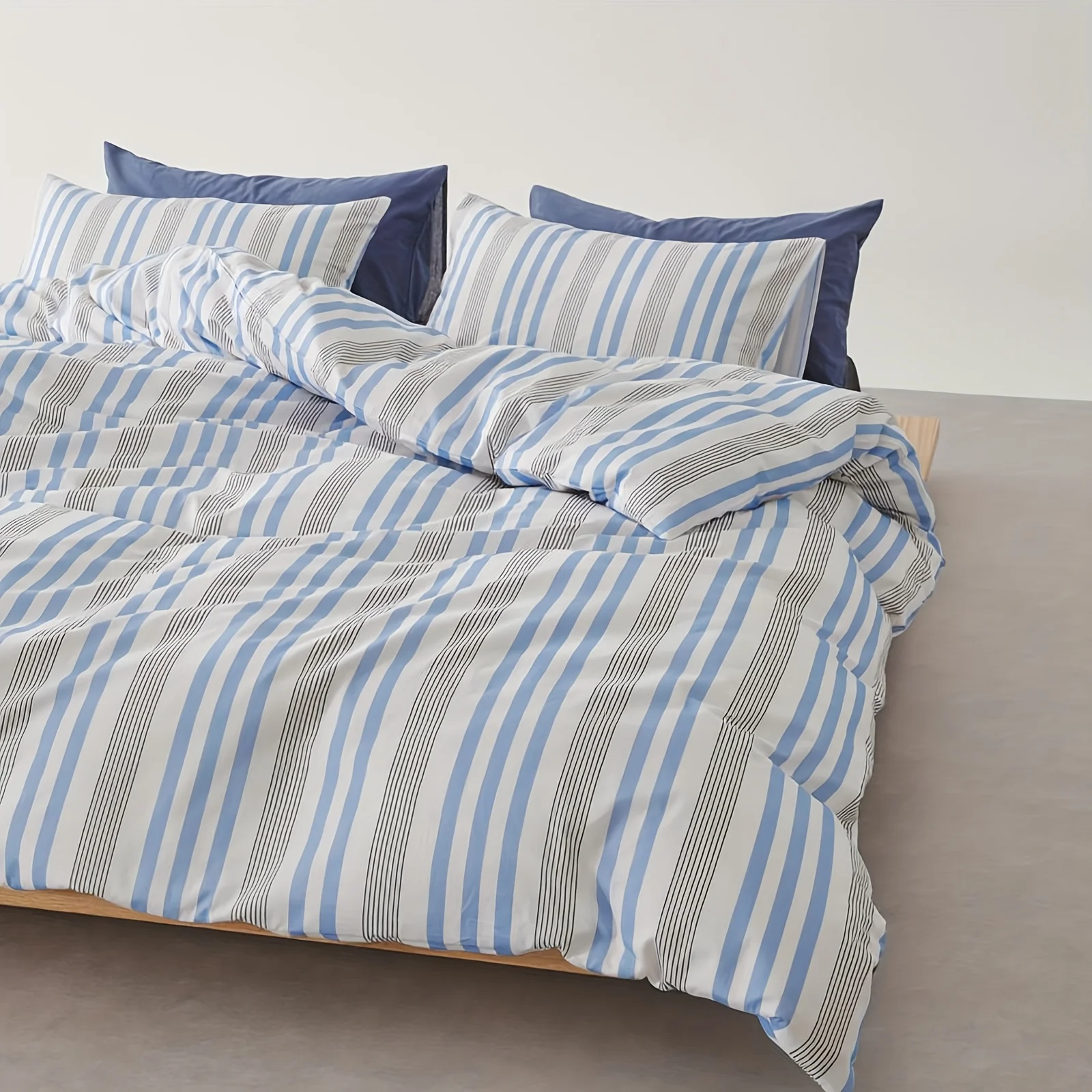 All-Cotton Nordic Minimalist Style Striped Printed Duvet Cover Three-Piece Set (2 Pillowcases + 1 Duvet Cover) Without Pillow Inserts or Quilt Inserts, Geometric Striped Pure Cotton Bedspread 3-Piece Set, Ultra-Soft and Comfortable Pure Cotton Breathable Bedding Duvet Cover Set, Suitable for Bedrooms and Guest Rooms, Dormitories, Zippered Duvet Cover + Pocket Pillowcase