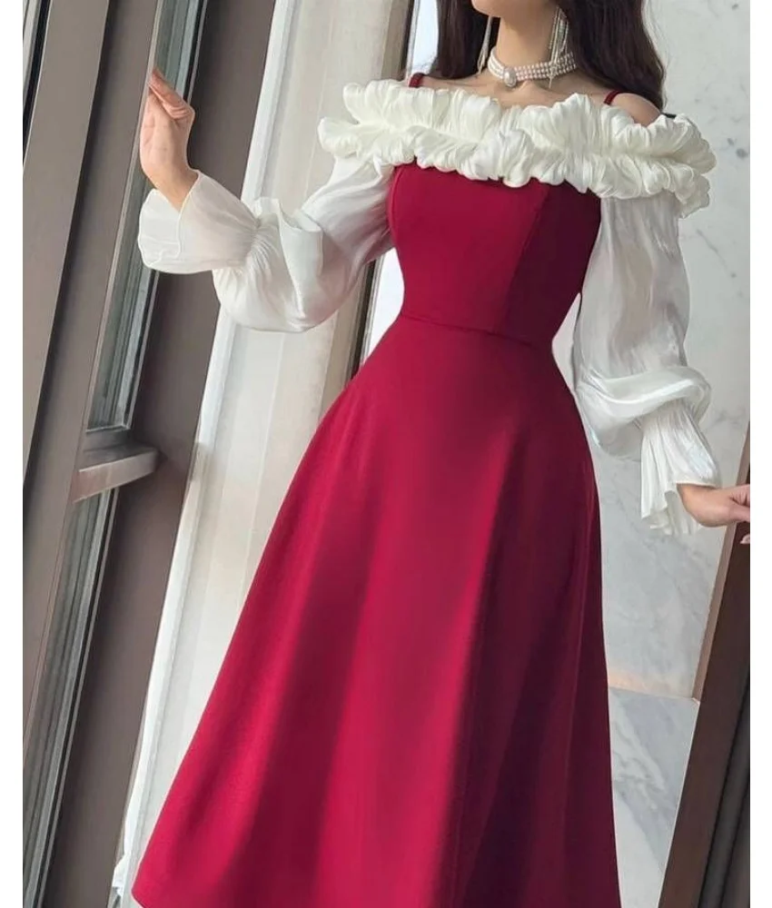 

Customized Fashion Ruffles Jersey A-Line Spaghetti Straps Evening Dress High Quality Long Sleeves Floor Length prom dresses
