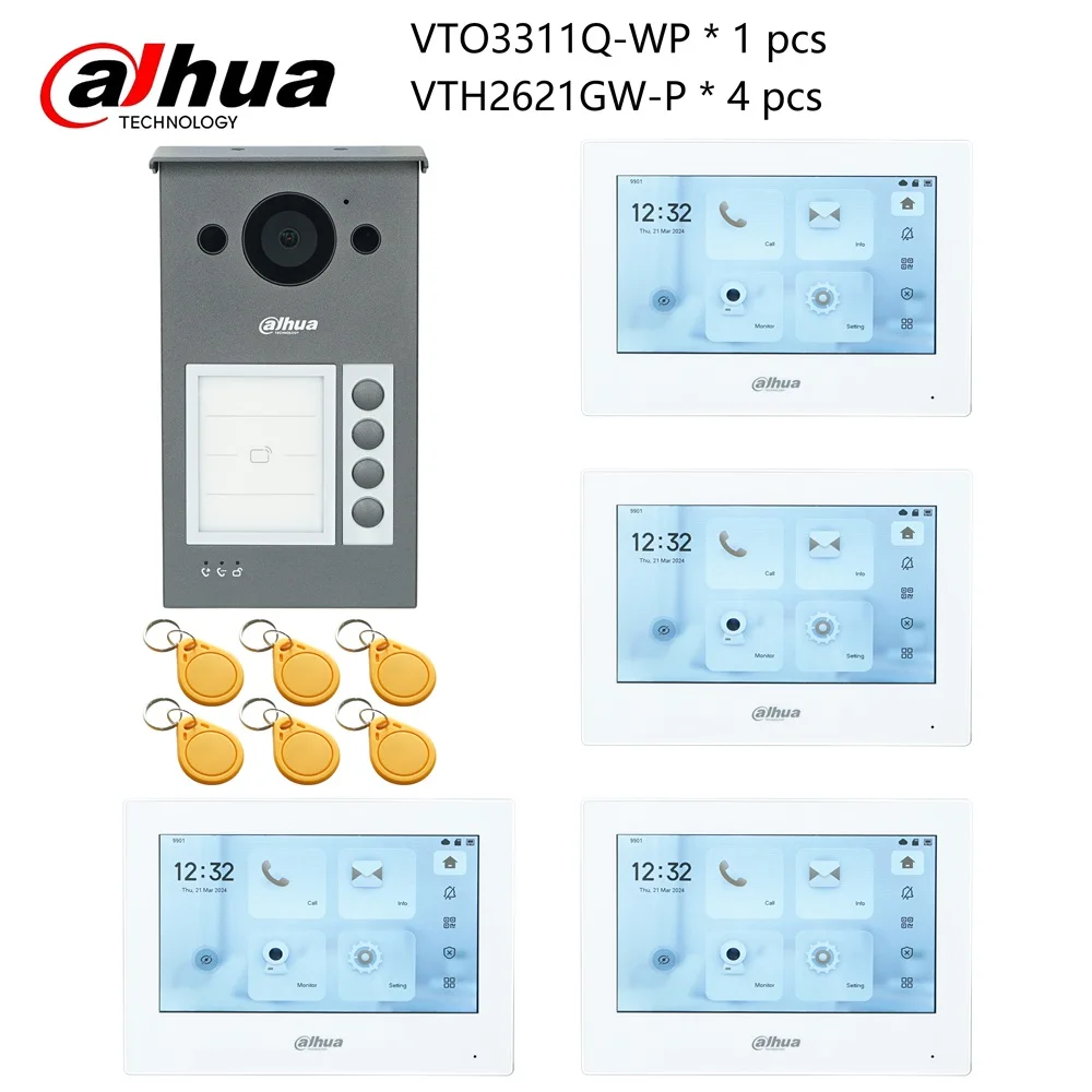 Dahua Multi-Language IP Video Intercom KIT,VTO3311Q-WP & VTH2621GW-P, P2P Cloud, Door bell 1, 2 ,3 ,4 buttons are adjustable