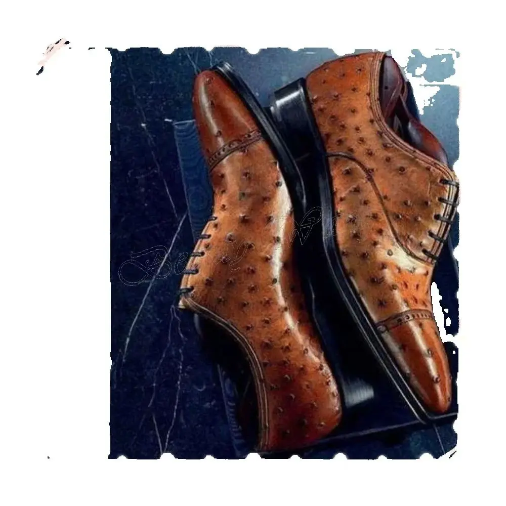 

Brown Ostrich Pattern Men Shoes Lace Up Soft Leather Men's Dress Shoes Gentlemen Slip on Party Shoes Big Size 47 Sprig Autumn