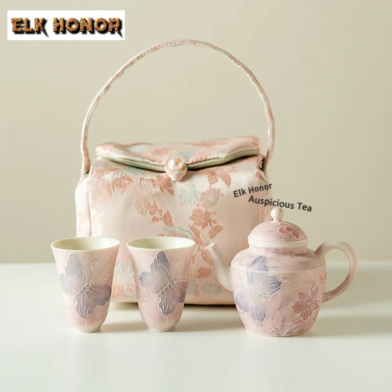 Light Pink Pile Carve Butterfly Travel Tea Set Kit Japanese 1 Pot 2 Cups Household Tea Maker Organizer Portable Camping Tote Bag